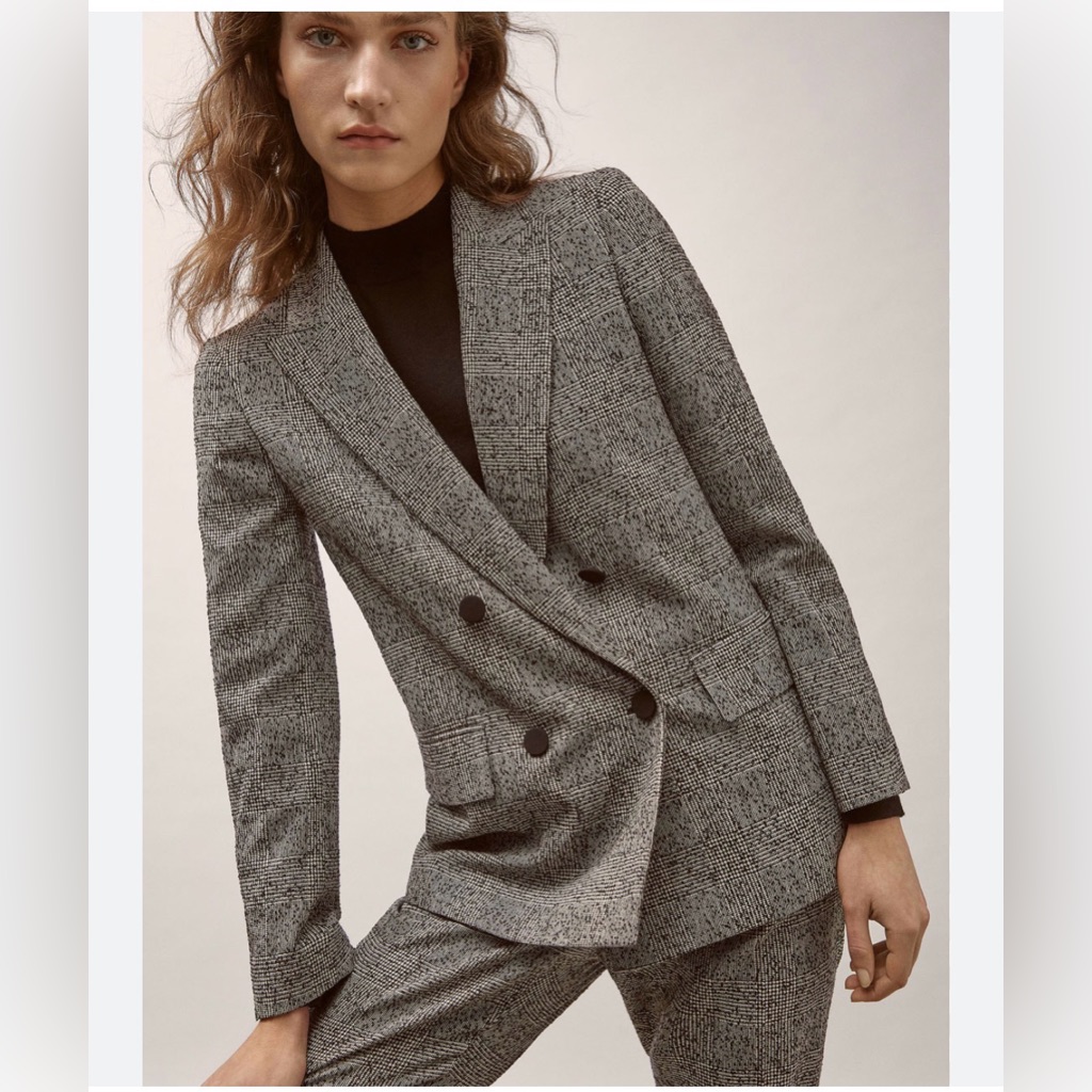 Massimo Dutti Gray Check Double-Breasted Blazer